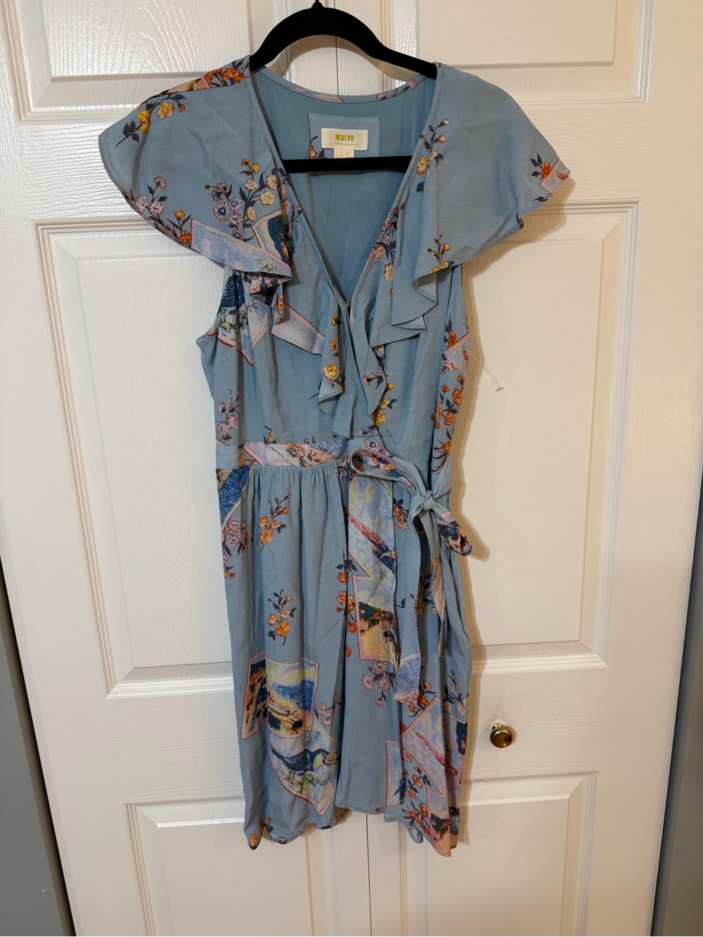 Anthropologie Light Blue Floral Ruffle Midi Dress